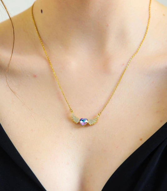 14 AYAR ALTIN KAPLAMA KALP TAŞLI MELEK KANADI KOLYE - Mia Kolye