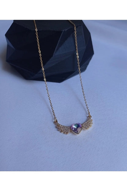 14 AYAR ALTIN KAPLAMA KALP TAŞLI MELEK KANADI KOLYE - Mia Kolye