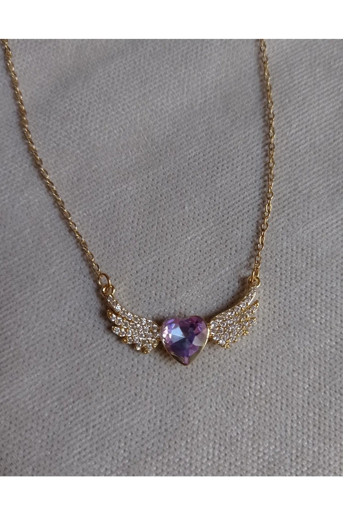 14 AYAR ALTIN KAPLAMA KALP TAŞLI MELEK KANADI KOLYE - Mia Kolye