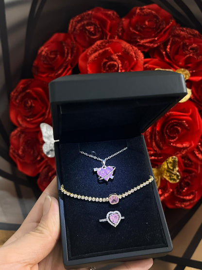 Işıklı kutuda altın kaplama kalp kolye+bileklik + ciddi ilişki yüzüğü